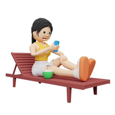 Femme en vacances à la plage surfant sur son mobile  3D Illustration