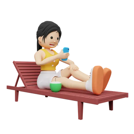 Femme en vacances à la plage surfant sur son mobile  3D Illustration