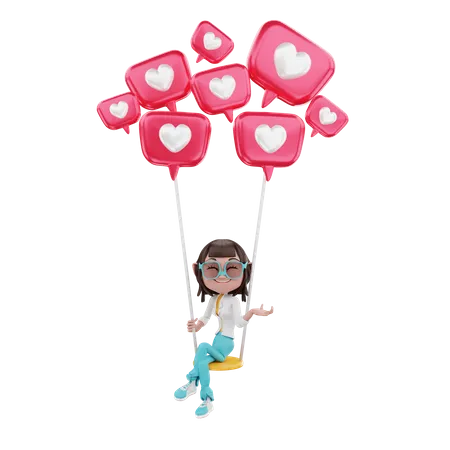 Femme sur des montgolfières d'amour  3D Illustration