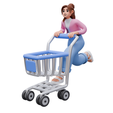 Femme conduisant un chariot de courses  3D Illustration