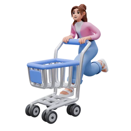 Femme conduisant un chariot de courses  3D Illustration