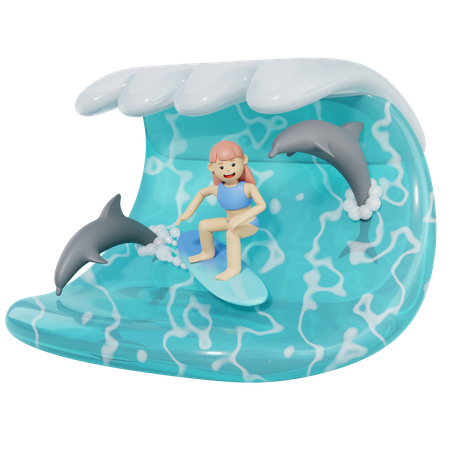 Femme surfant sur la vague de la mer  3D Illustration