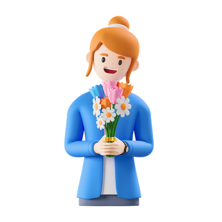 Femme tenant des fleurs à la main  3D Illustration
