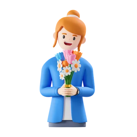 Femme tenant des fleurs à la main  3D Illustration