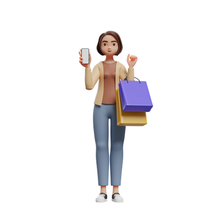 Femme tenant des sacs à provisions et suggérant de faire du shopping avec une application mobile  3D Icon