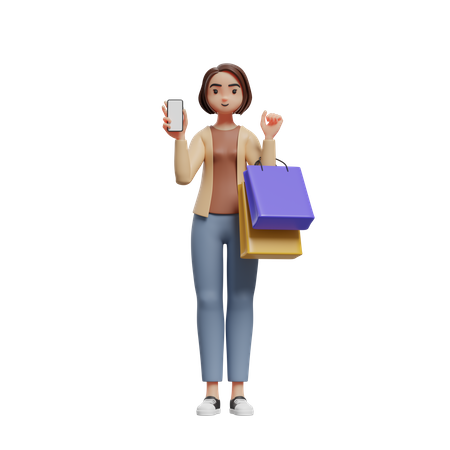 Femme tenant des sacs à provisions et suggérant de faire du shopping avec une application mobile  3D Illustration