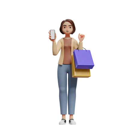 Femme tenant des sacs à provisions et suggérant de faire du shopping avec une application mobile  3D Illustration