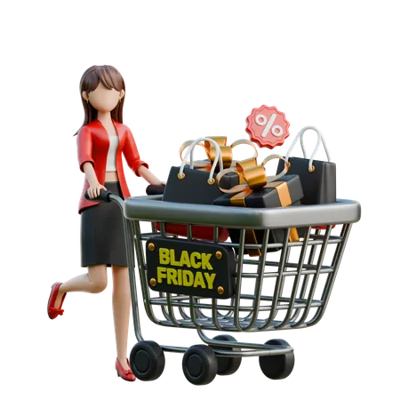 Femme tenant un chariot rempli de marchandises  3D Illustration