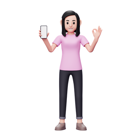 Femme tenant un mobile à écran blanc et montrant le doigt ok  3D Illustration