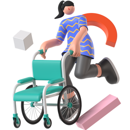 Femme tenant un fauteuil roulant  3D Illustration