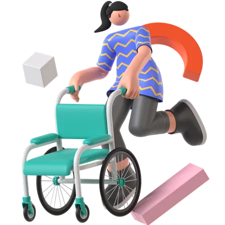 Femme tenant un fauteuil roulant  3D Illustration