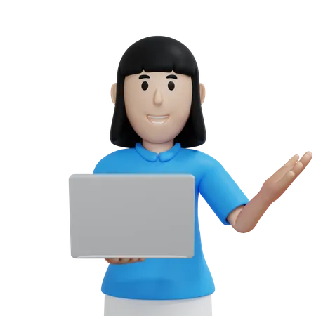Femme tenant un ordinateur portable et expliquant quelque chose  3D Illustration