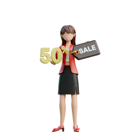 Femme tenant une pancarte de réduction de 50%  3D Illustration