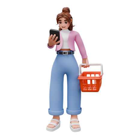 Femme tenant un panier d'achat tout en effectuant un achat en ligne  3D Illustration