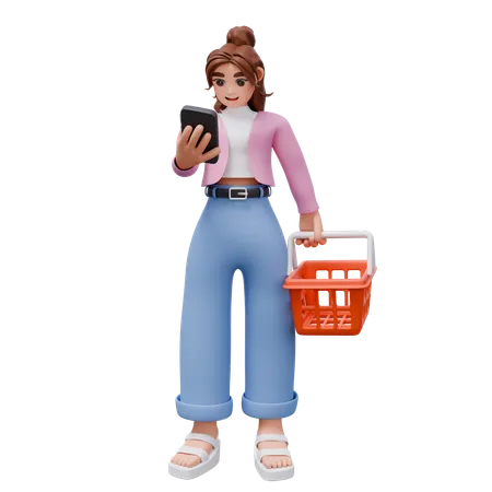 Femme tenant un panier d'achat tout en effectuant un achat en ligne  3D Illustration