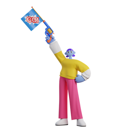 Femme tenant un pistolet pour marquer le début de la course Go  3D Icon