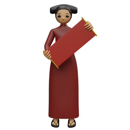 Femme tenant une bannière chinoise et lisant le message du nouvel an  3D Illustration