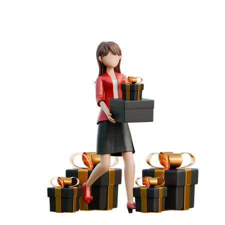 Femme tenant une boîte cadeau géante  3D Illustration