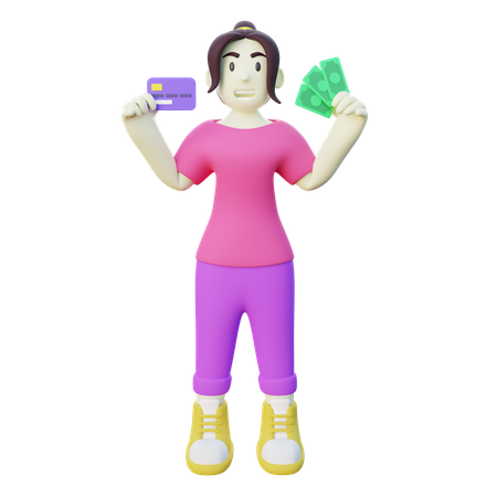 Femme tenant une carte de crédit et de l'argent liquide  3D Illustration