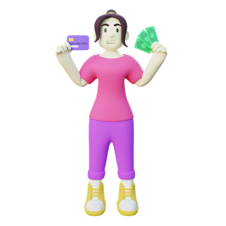 Femme tenant une carte de crédit et de l'argent liquide  3D Icon