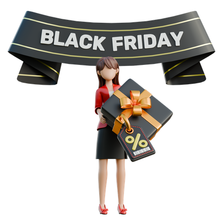 Une femme tenant une grande boîte avec une bannière du Black Friday  3D Illustration