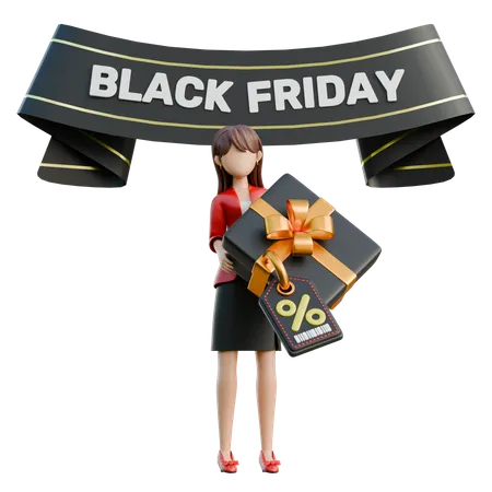 Une femme tenant une grande boîte avec une bannière du Black Friday  3D Illustration