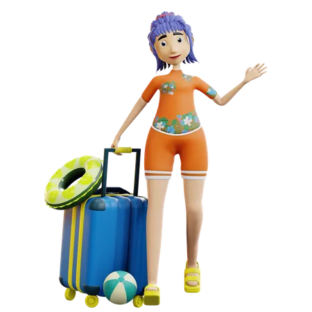 Touriste féminin tenant des bagages  3D Illustration