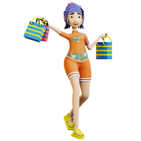 Touriste féminine faisant du shopping  3D Illustration