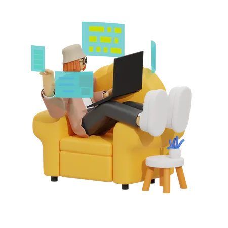 Femme travaillant depuis un canapé  3D Illustration