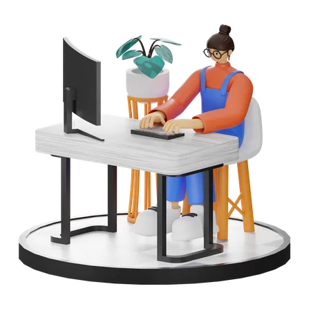 Femme travaillant sur un bureau  3D Illustration