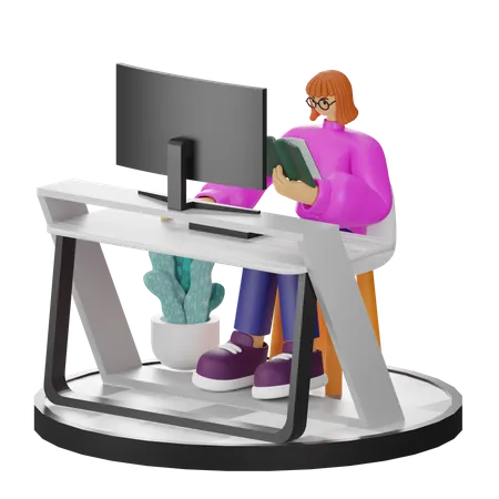 Femme travaillant sur un ordinateur portable  3D Illustration