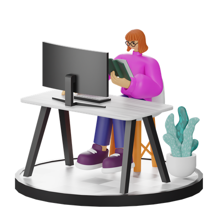 Femme travaillant sur un ordinateur portable  3D Illustration