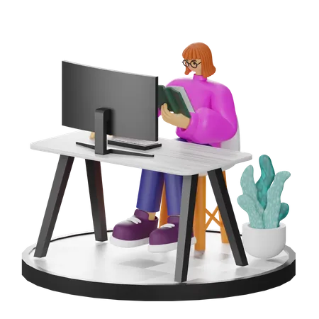 Femme travaillant sur un ordinateur portable  3D Illustration