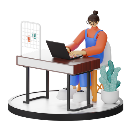 Femme travaillant sur un ordinateur portable au bureau  3D Illustration