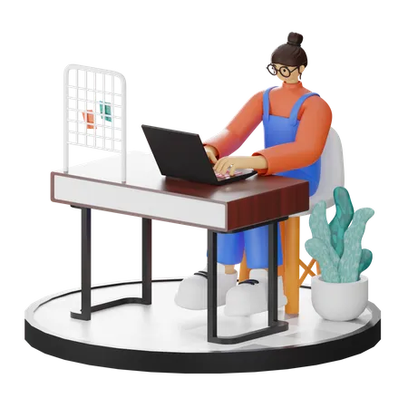 Femme travaillant sur un ordinateur portable au bureau  3D Illustration