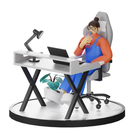 Femme travaillant sur un ordinateur portable tout en buvant du café  3D Illustration
