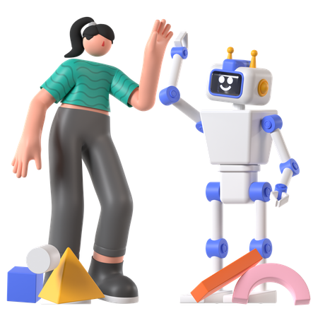 Une femme travaille avec un robot IA  3D Illustration