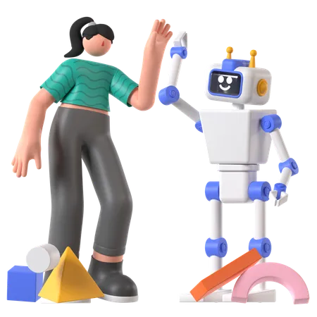 Une femme travaille avec un robot IA  3D Illustration