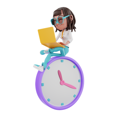 Femme utilisant un ordinateur portable et assise sur une horloge  3D Illustration