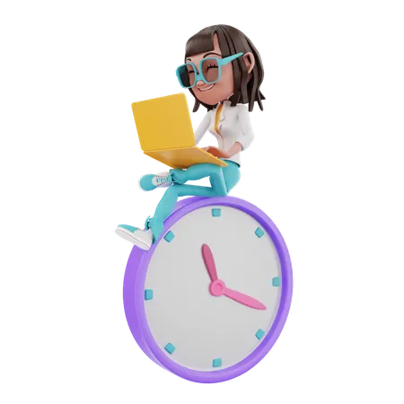 Femme utilisant un ordinateur portable et assise sur une horloge  3D Illustration