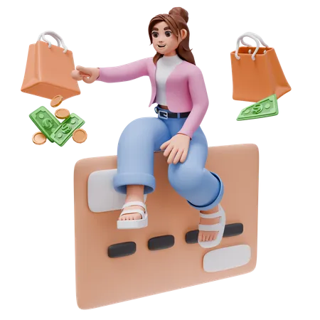 Femme utilisant une carte de crédit pour effectuer des achats avec un sac à provisions  3D Illustration