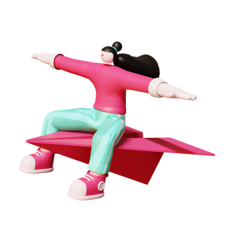 Femme volant sur un avion en papier  3D Illustration
