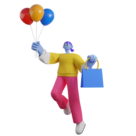 Une femme vole en tenant des ballons et des sacs à provisions  3D Illustration