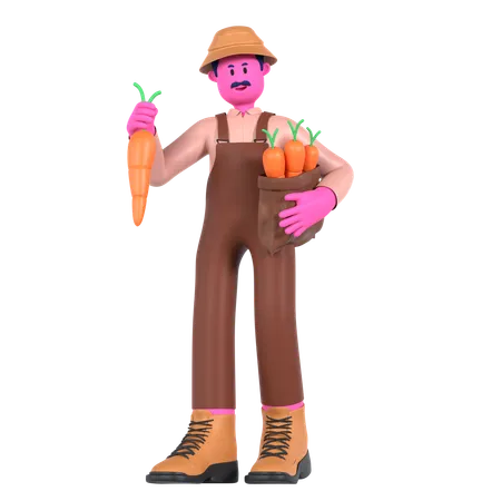 Agriculteur tenant un sac de carottes  3D Illustration