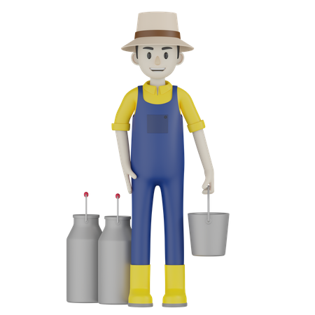 Agriculteur tenant un seau à lait  3D Illustration