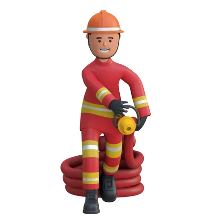 Feuerwehrmann Mit Wasserschlauch In Roter Anzuguniform Und Orangefarbenem Schutzhelm Neben Hydranten 3D Illustration