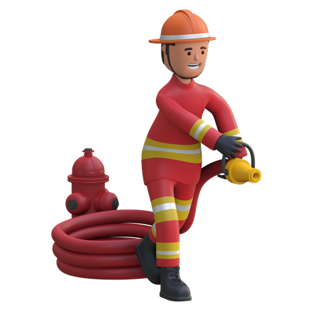 Feuerwehrmann hält Wasserschlauch  3D Illustration