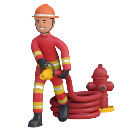 Feuerwehrmann Mit Wasserschlauch In Roter Anzuguniform Und Orangefarbenem Schutzhelm Neben Hydranten 3D Illustration