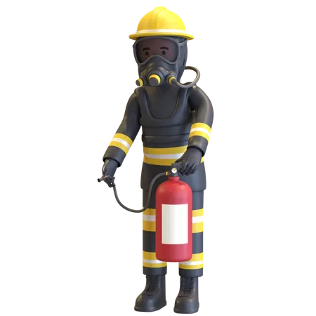 Feuerwehrmann In Schwarzer Anzuguniform Und Gelbem Schutzhelm Mit Gasmaske Und Feuerloscher 3 D Darstellung 3D Illustration