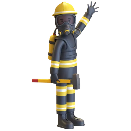 Feuerwehrmann In Schwarzer Anzuguniform Und Gelbem Schutzhelm Mit Gasmaske Und Vorschlaghammer 3 D Darstellung 3D Illustration